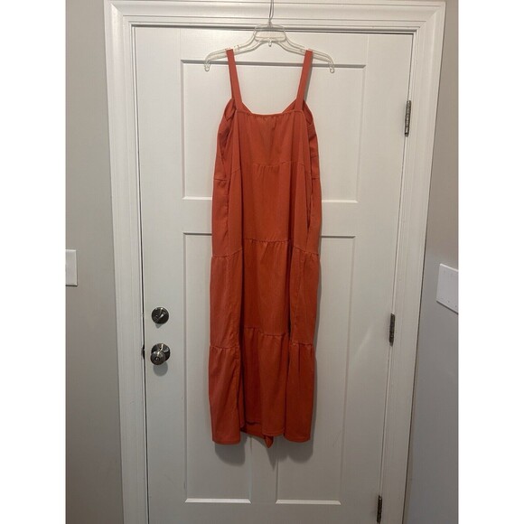 NEW Coral Orange Button Down Spaghetti Strap Tiered Ruffle Maxi Dress Size L XL - Picture 5 of 5